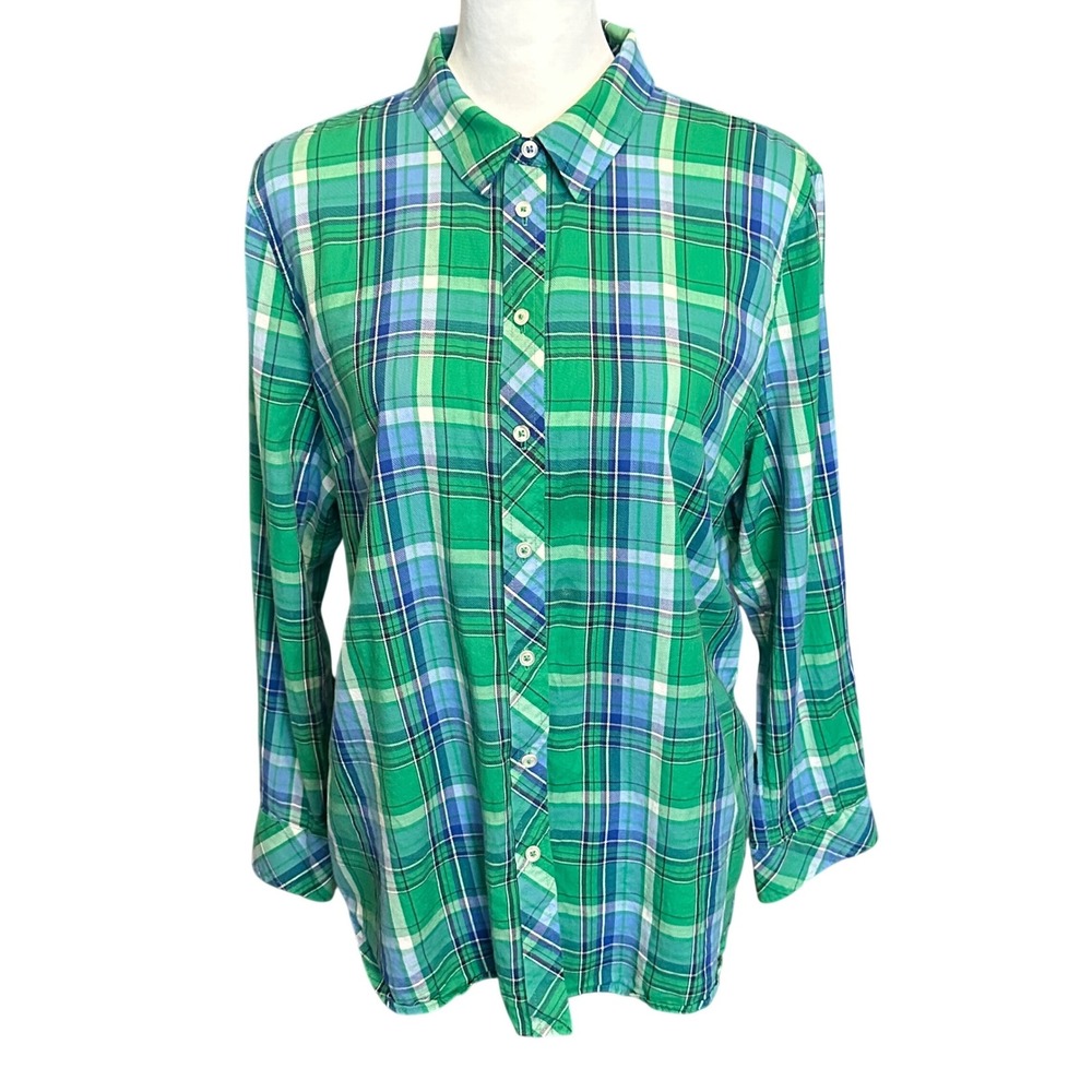 Talbots Petite Top Size XLP Green Blue Plaid Button Down Shirt Long Sleeve
